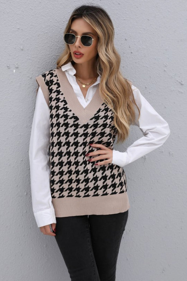 Houndstooth V-Neck Knit Vest - SHIRLYN.CO