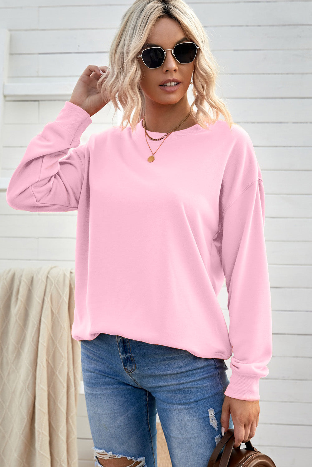 Drop Shoulder Ribbed Trim Sweatshirt - SHIRLYN.CO