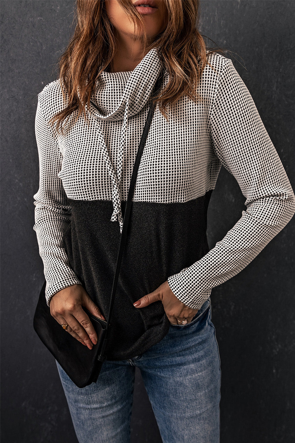 Two-Tone Waffle-Knit Drawstring Cowl Neck Sweatshirt - SHIRLYN.CO