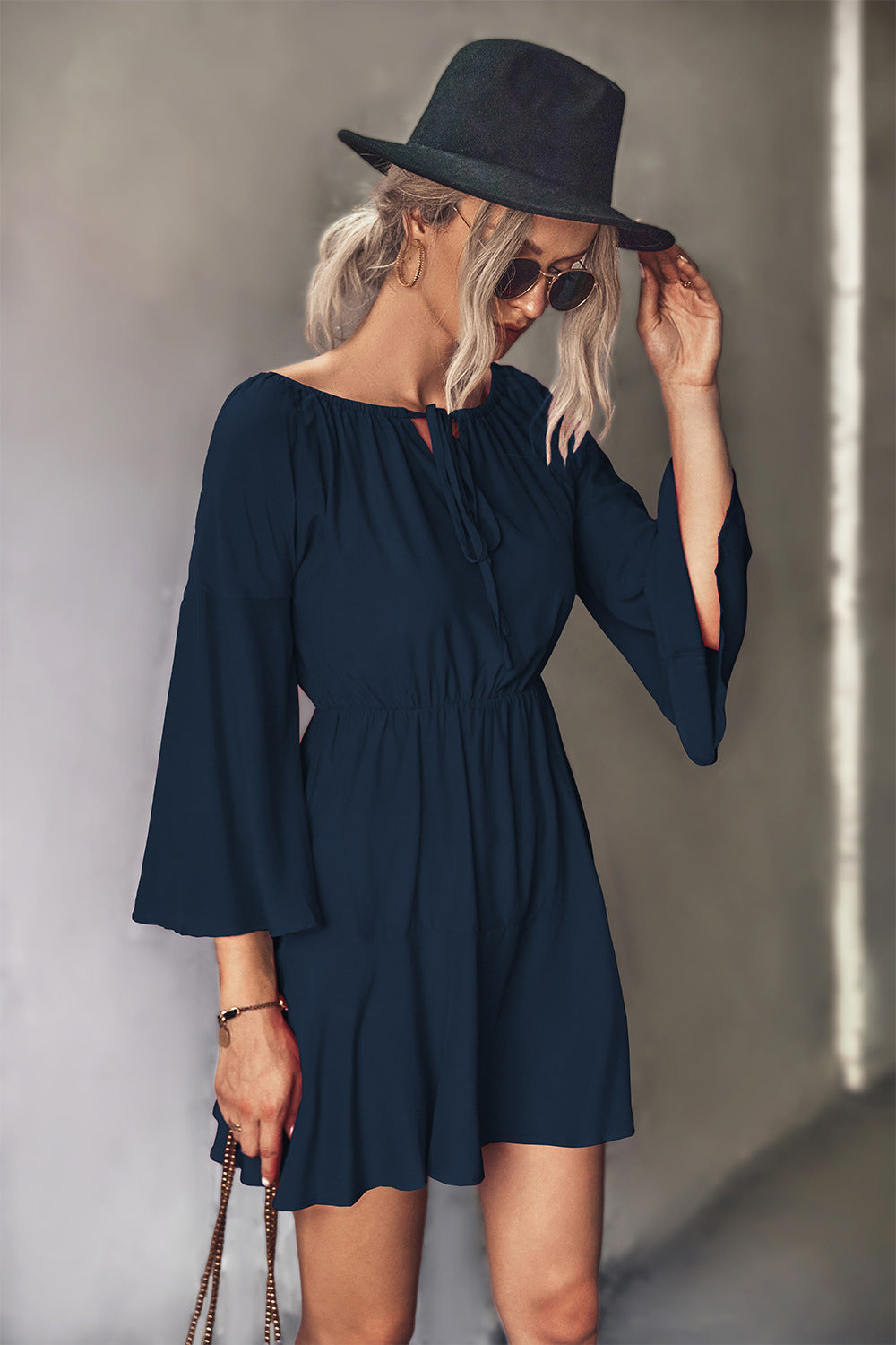 Tie Neck Flare Sleeve Mini Dress