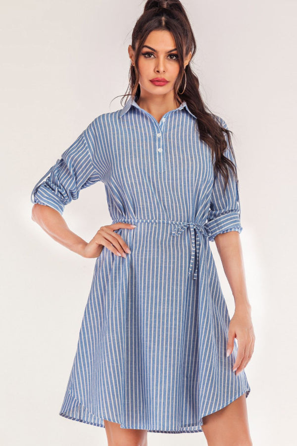 Full Size Striped Quarter-Button Roll-Tab Sleeve Shirt Dress - SHIRLYN.CO