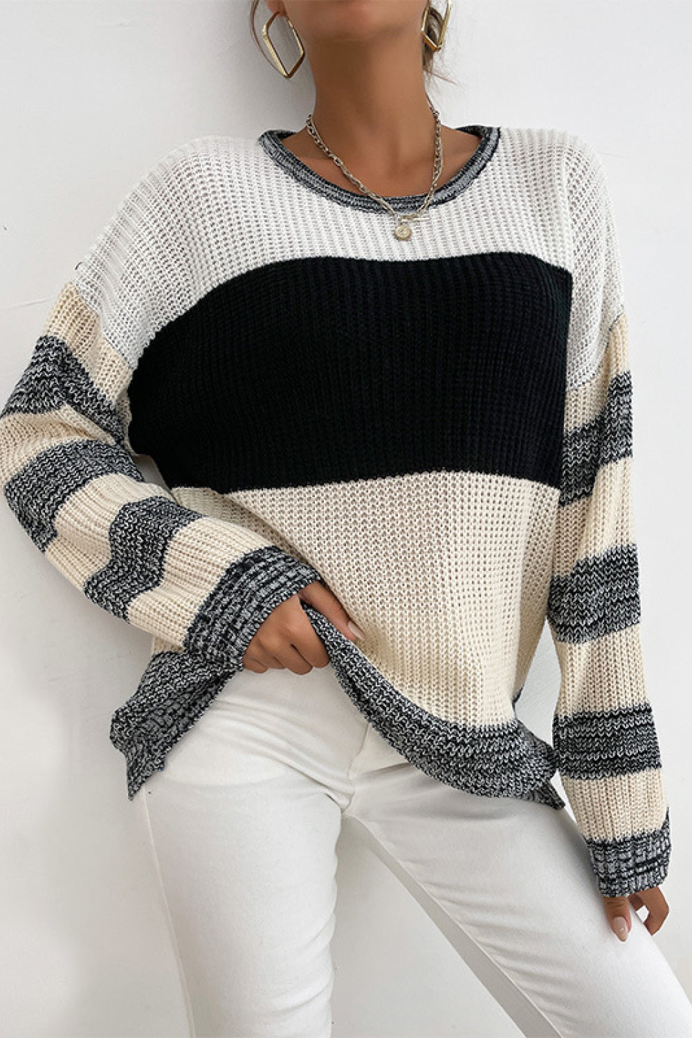 Striped Dropped Shoulder Pullover Sweater