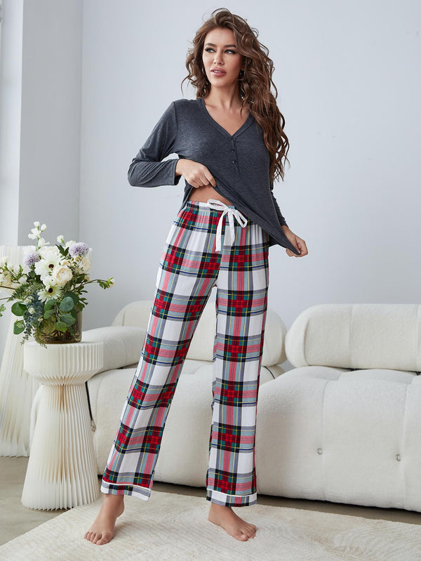 Buttoned Long Sleeve Top and Plaid Pants Lounge Set - SHIRLYN.CO