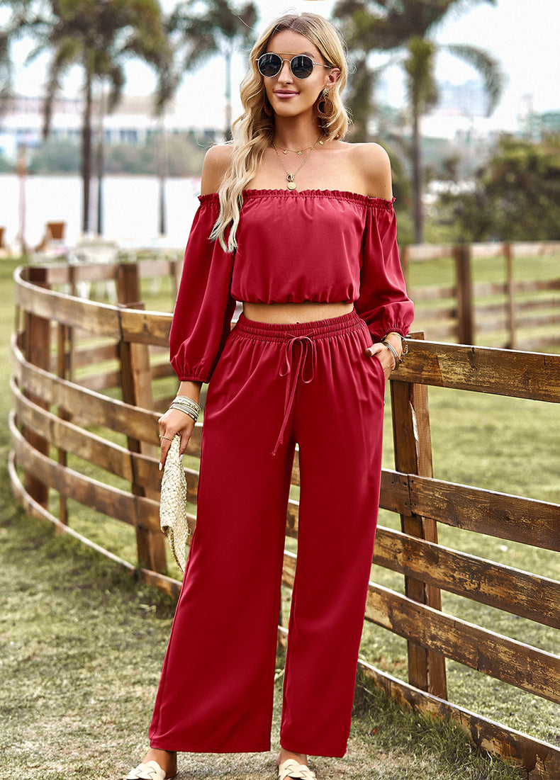 Off-Shoulder Blouse and Drawstring Waist Pants Set - SHIRLYN.CO