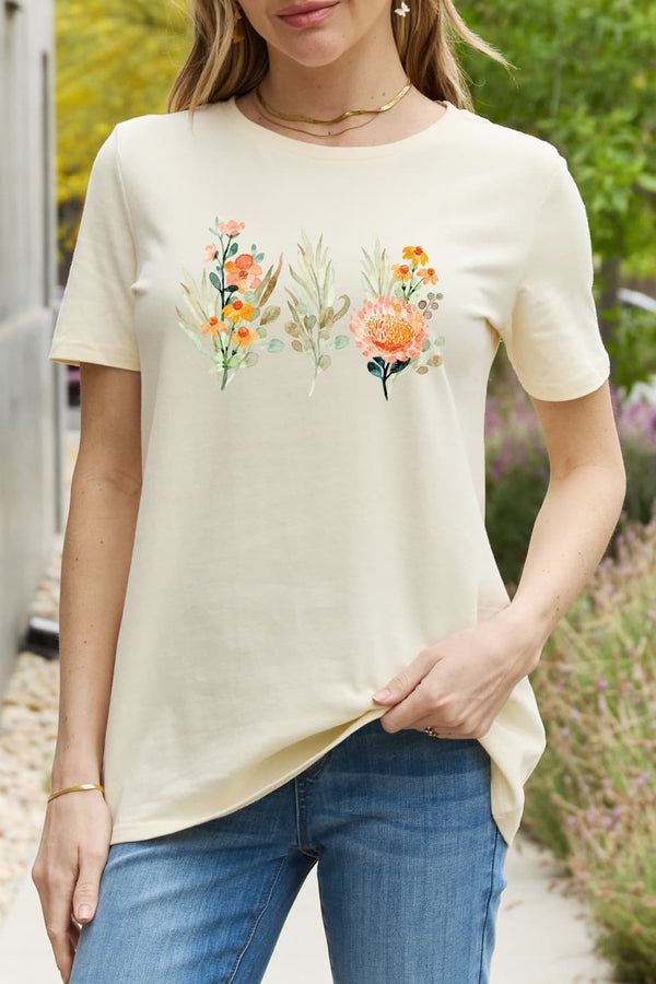 Simply Love Flower Graphic Round Neck Cotton Tee - SHIRLYN.CO