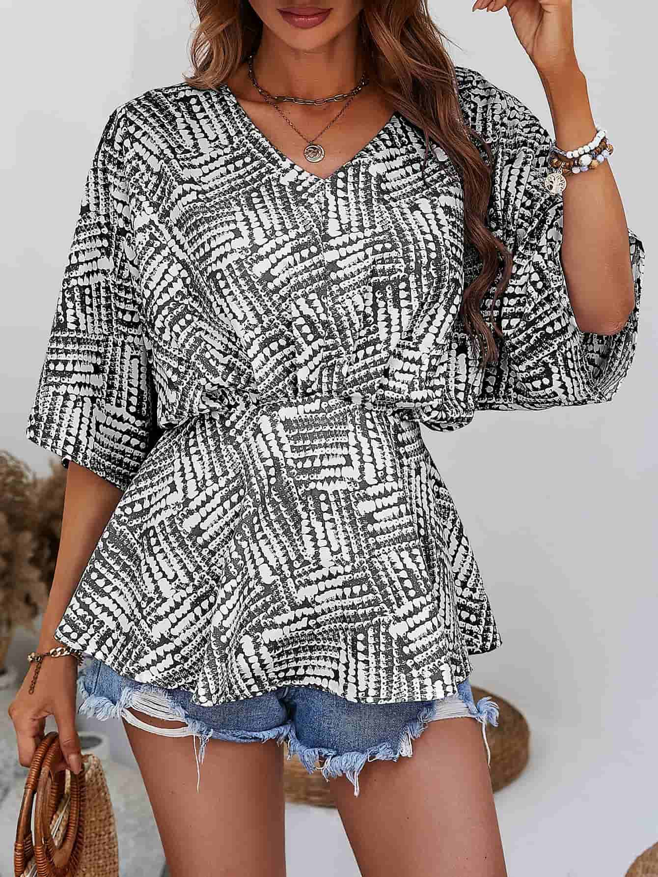 Printed V-Neck Dolman Sleeve Blouse - SHIRLYN.CO