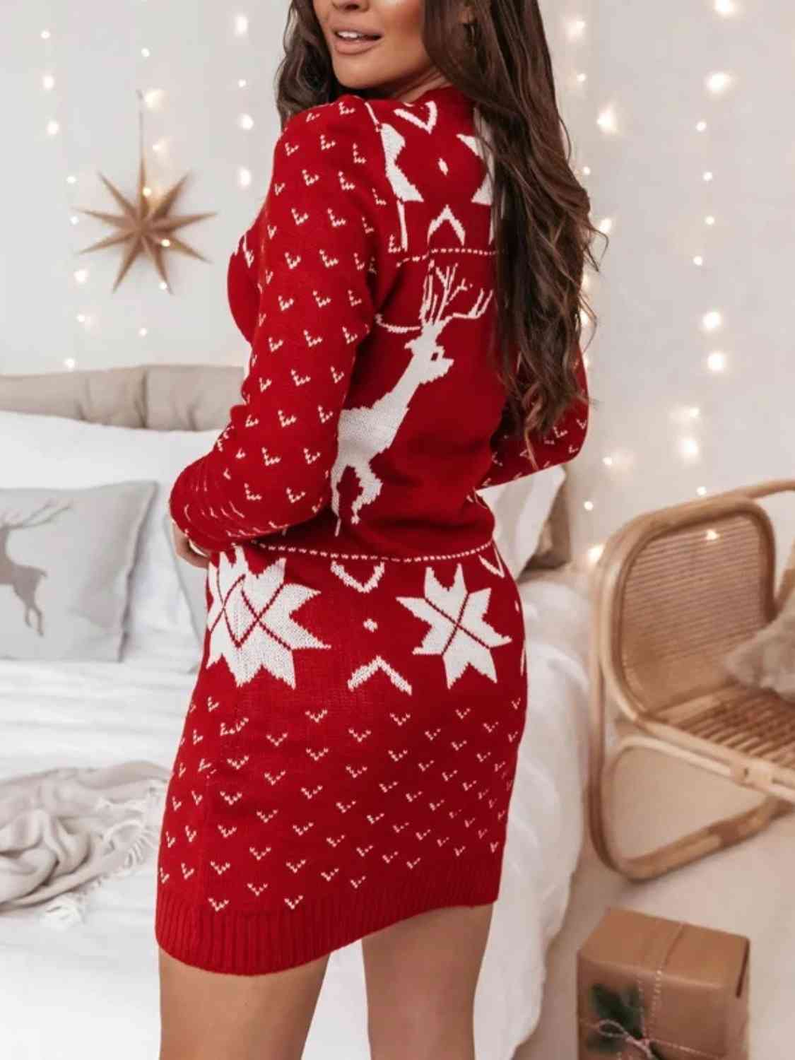 Reindeer Print Tunic Sweater Dress