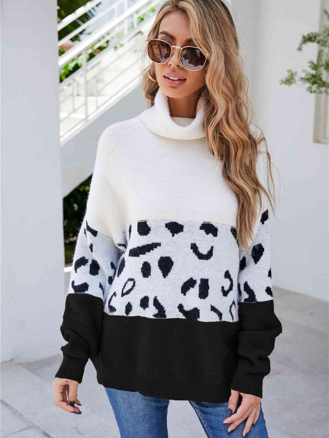 Leopard Color Block Turtleneck Sweater