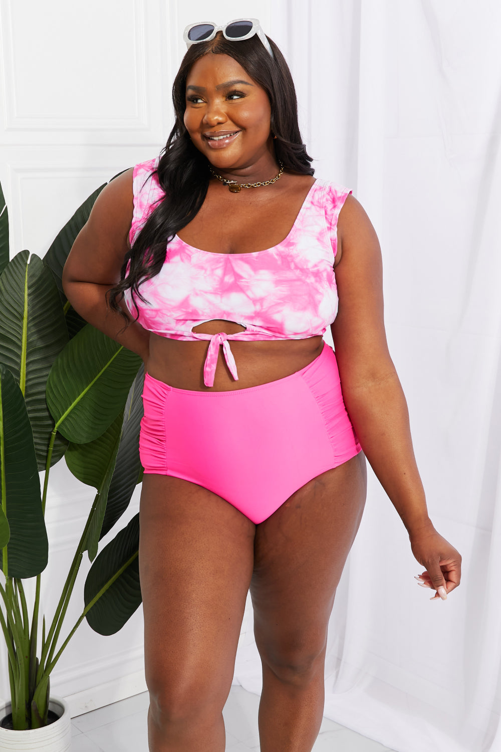 Marina West Swim Sanibel Crop Swim Top and Ruched Bottoms Set in Pink - SHIRLYN.CO