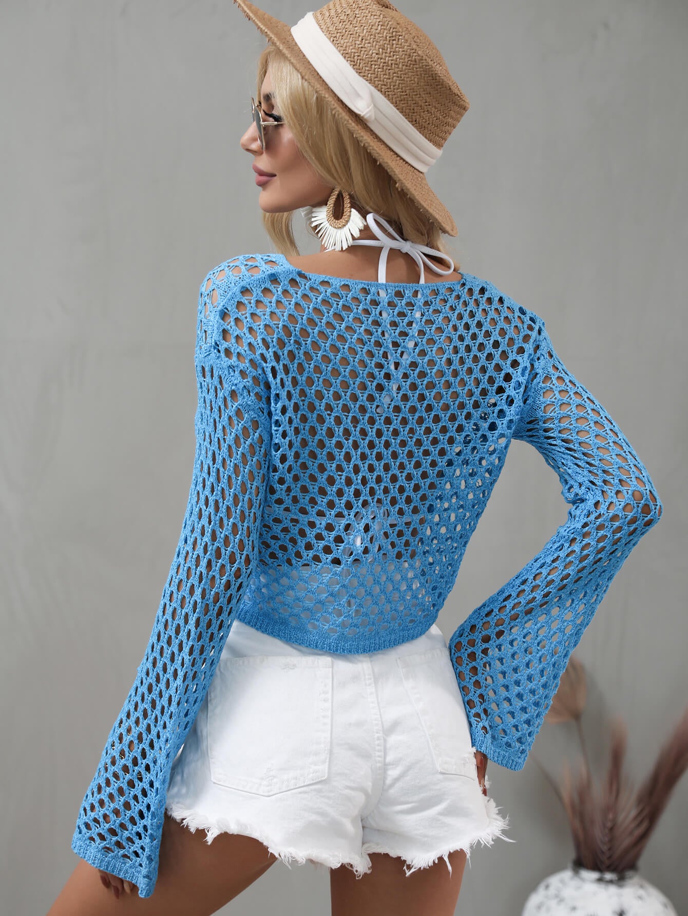 Openwork Flare Sleeve Cropped Cover Up - SHIRLYN.CO