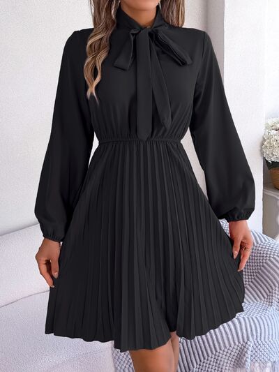 Tie Neck Balloon Sleeve Pleated Dress