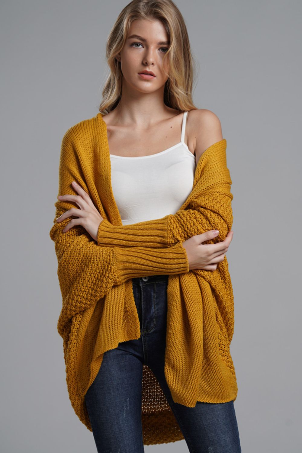 Dolman Sleeve Open Front Ribbed Trim Longline Cardigan - SHIRLYN.CO