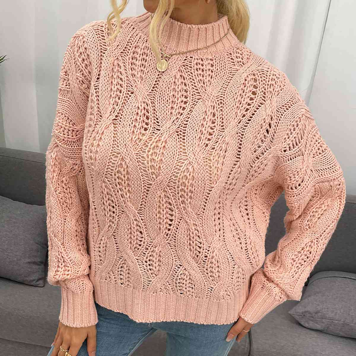 Cable-Knit Mock Neck Long Sleeve Sweater