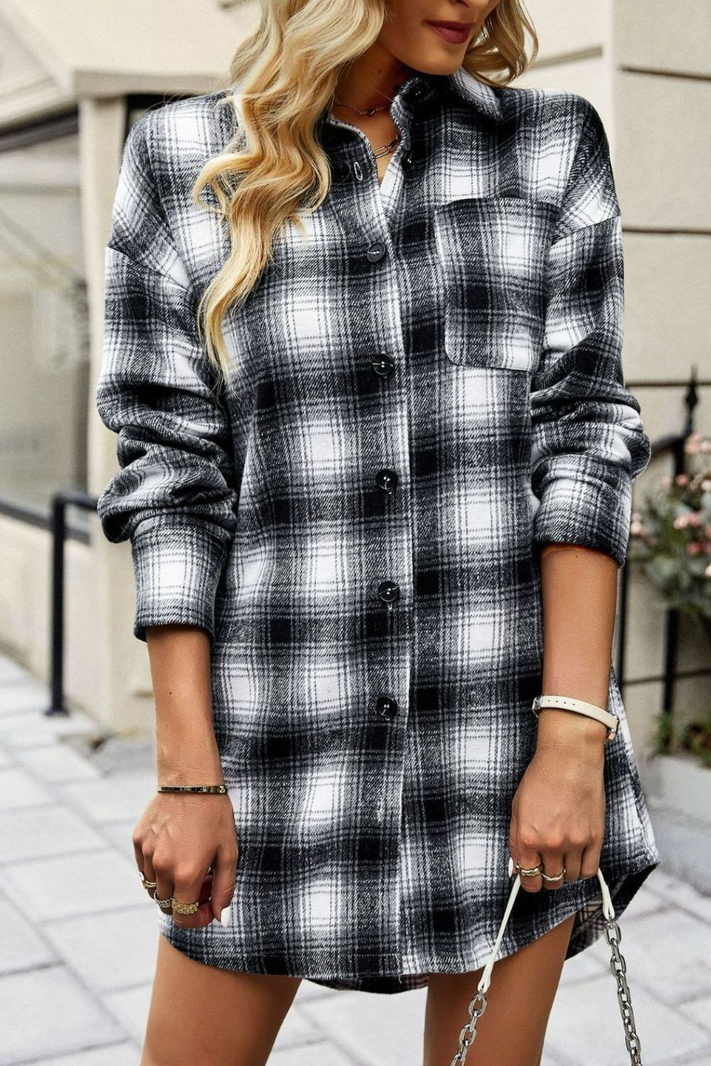 Plaid Curved Hem Longline Shirt Jacket - SHIRLYN.CO