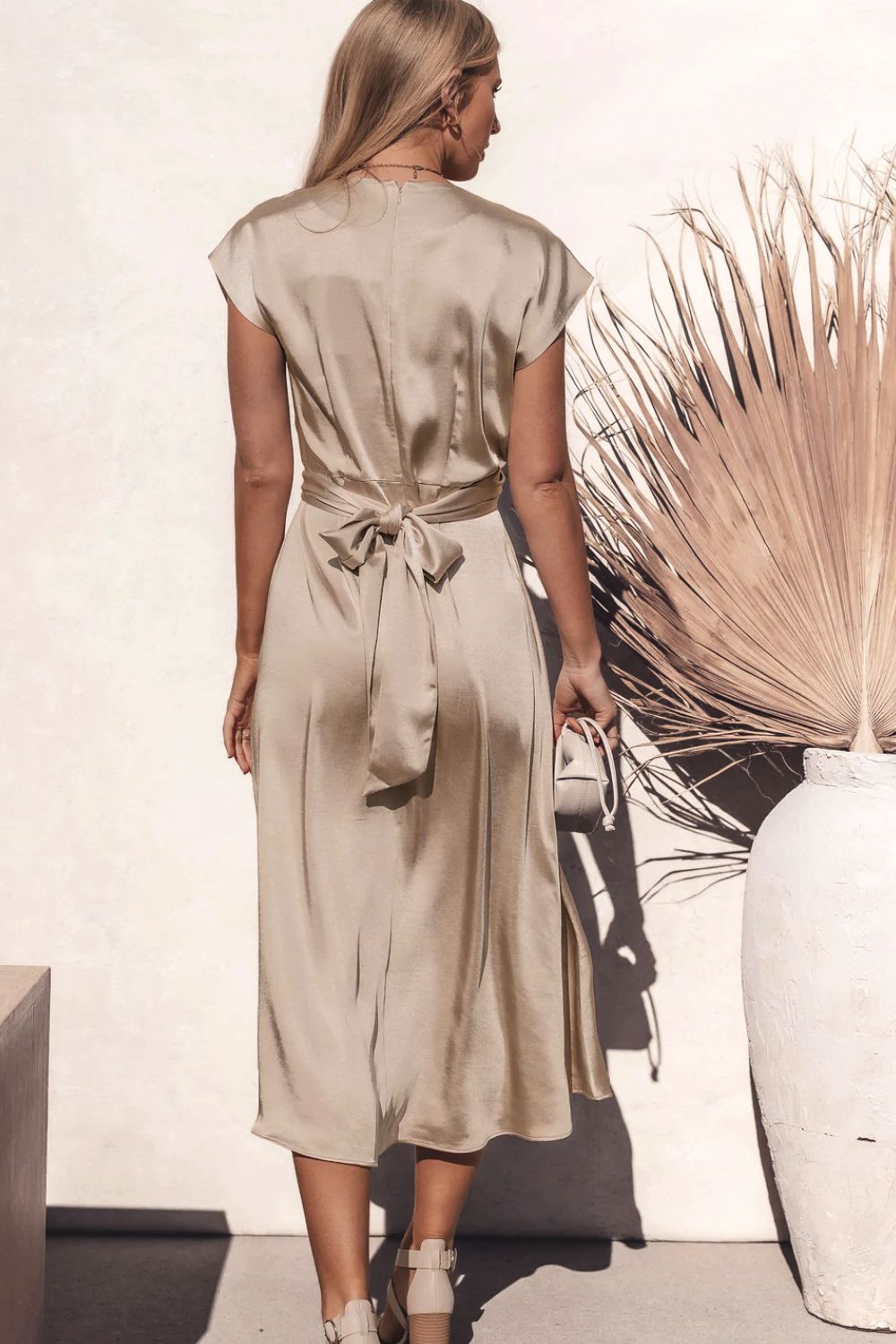 Satin Cap Sleeve Tie Back Midi Dress - SHIRLYN.CO