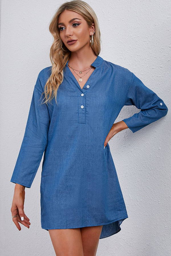 Half-Button Notched Neck High-Low Denim Dress - SHIRLYN.CO