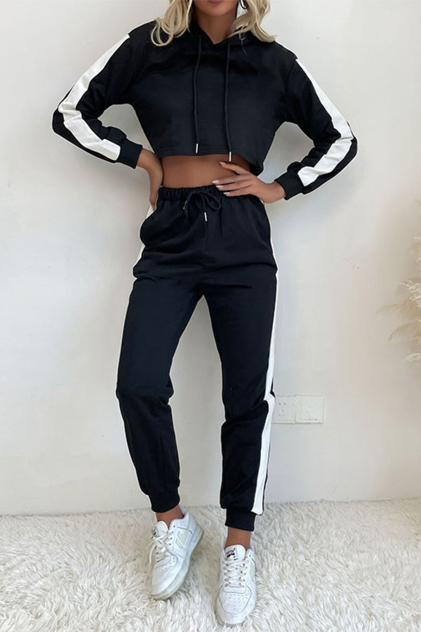 Side Stripe Cropped Hoodie and Jogger Set - SHIRLYN.CO