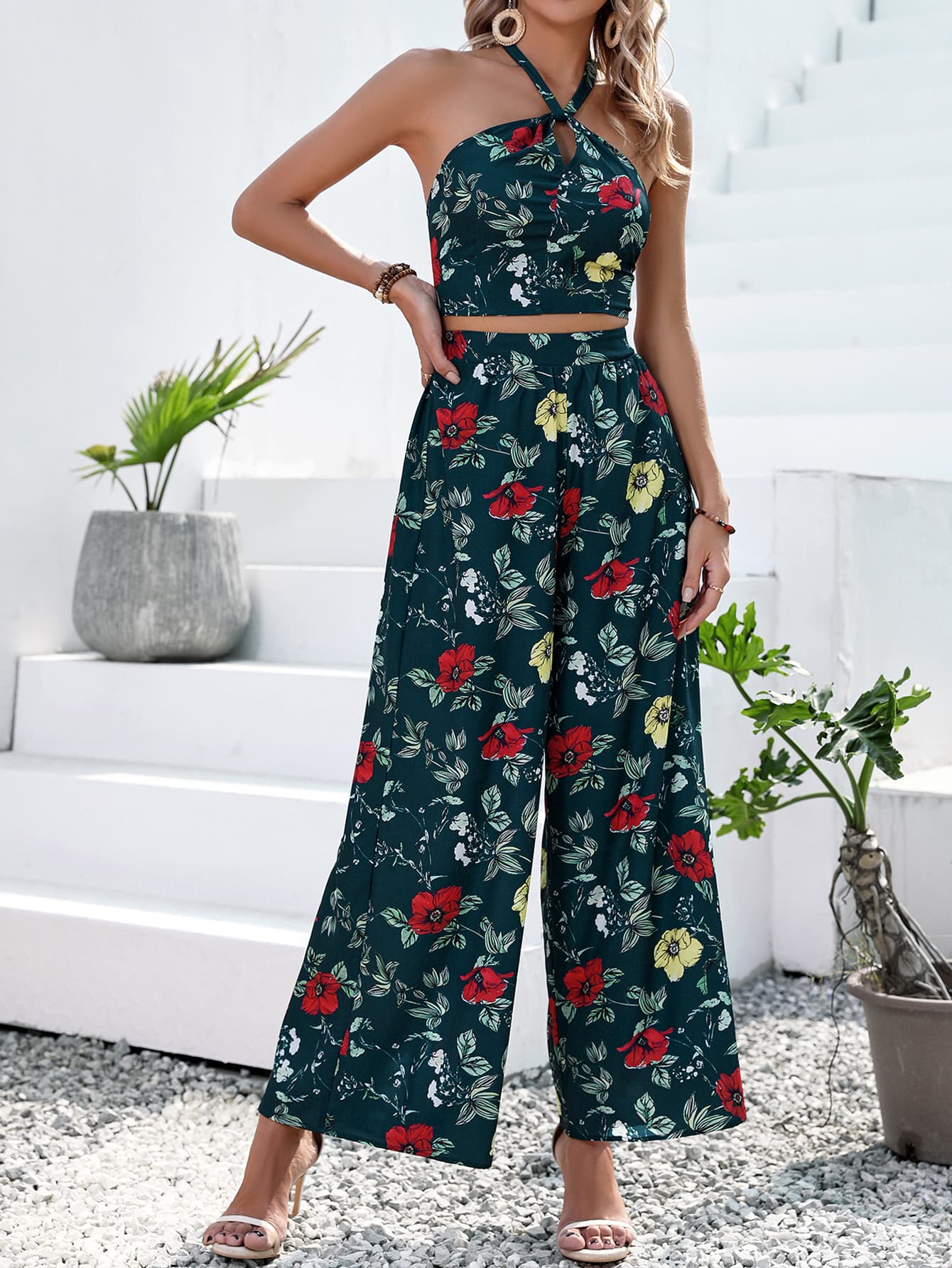 Floral Halter Neck Top and Wide Leg Pants Set - SHIRLYN.CO