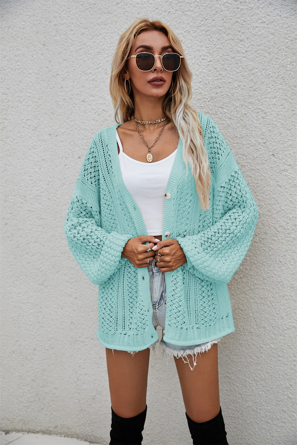 Openwork V-Neck Dropped Shoulder Cardigan - SHIRLYN.CO