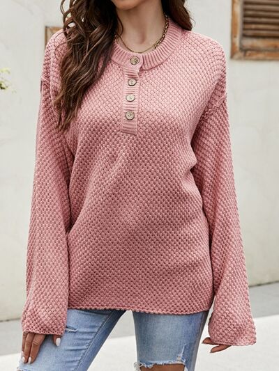 Quarter Button Dropped Shoulder Sweater