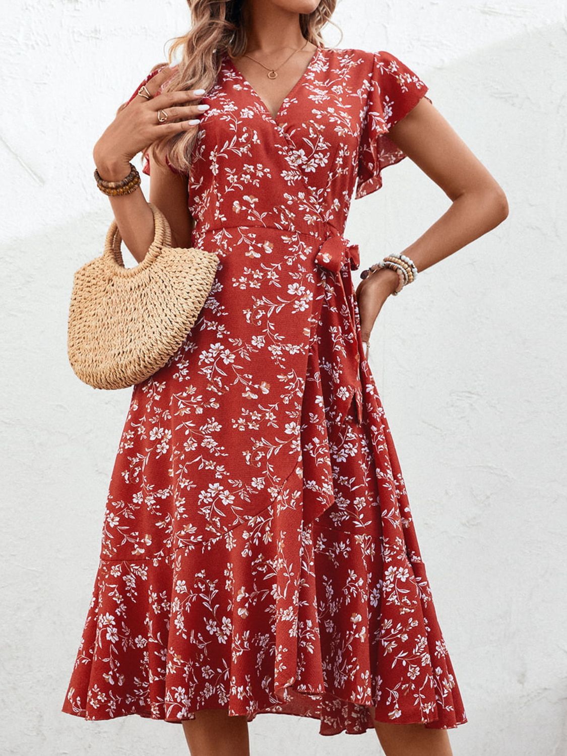 Floral Surplice Neck Flutter Sleeve Dress - SHIRLYN.CO