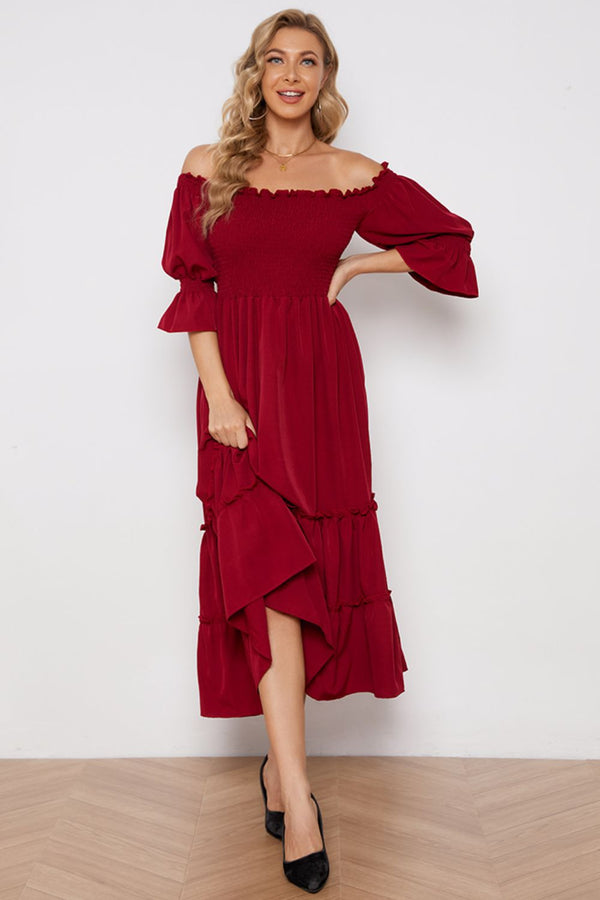 Off-Shoulder Flounce Sleeve Frill Trim Tiered Dress - SHIRLYN.CO