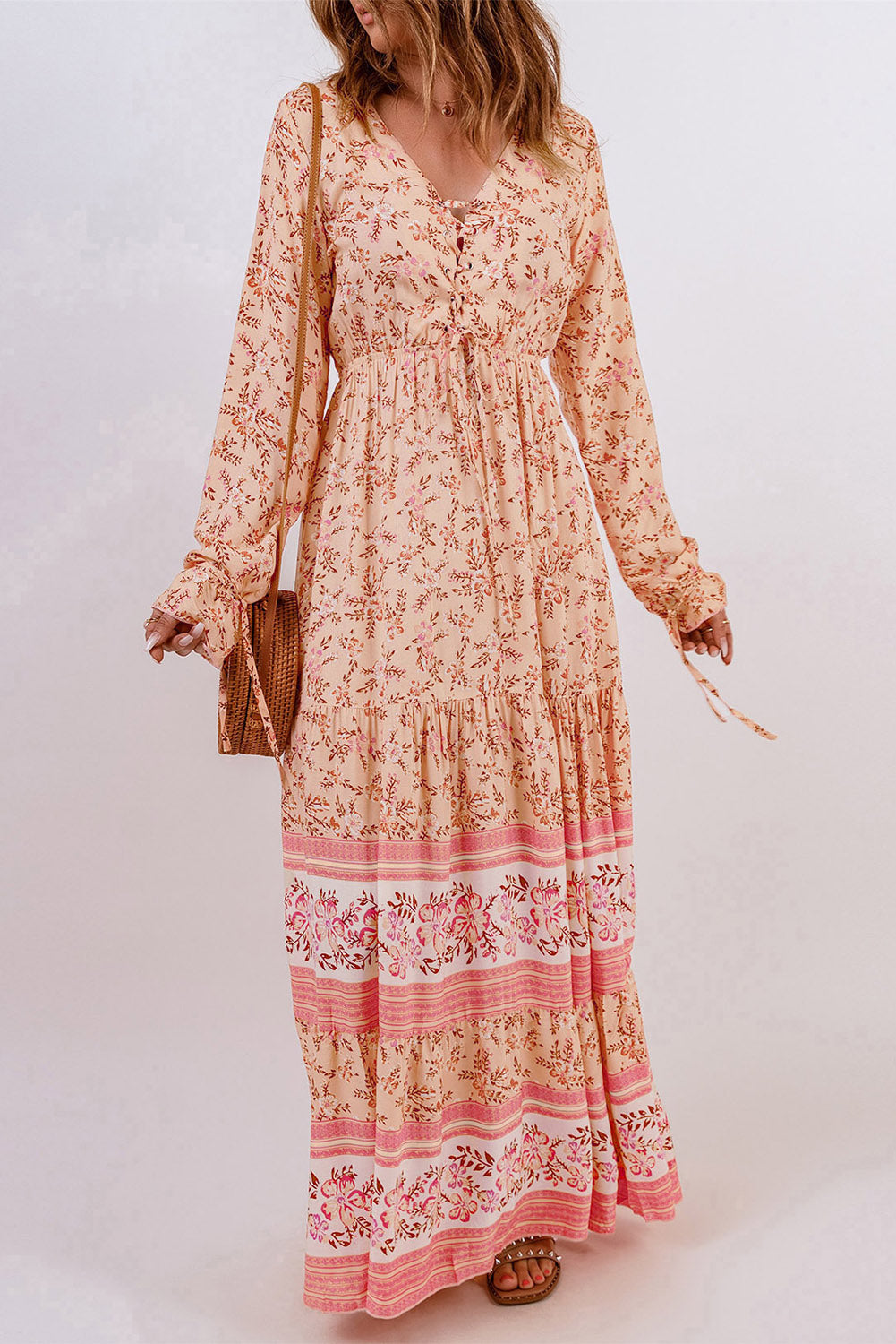 Bohemian Lace-Up Long Sleeve Maxi Dress - SHIRLYN.CO