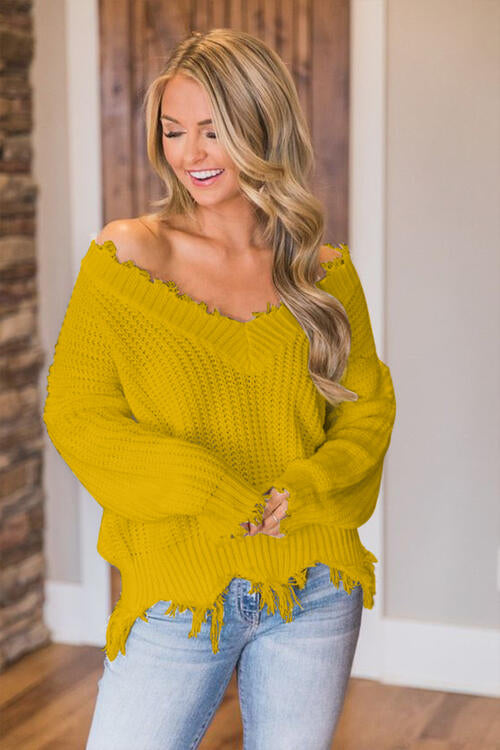 Frayed Hem Dropped Shoulder Sweater