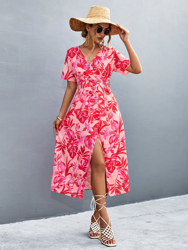 Floral Print High Slit Surplice Neck Tie Waist Midi Dress - SHIRLYN.CO