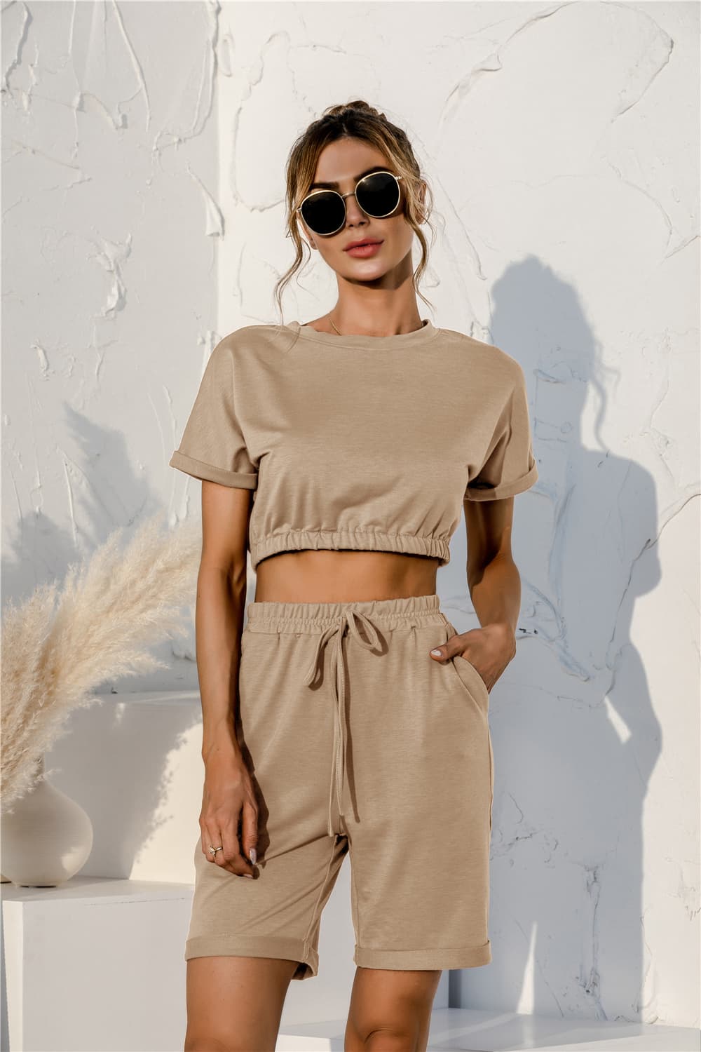 Short Sleeve Cropped Top and Drawstring Shorts Lounge Set - SHIRLYN.CO