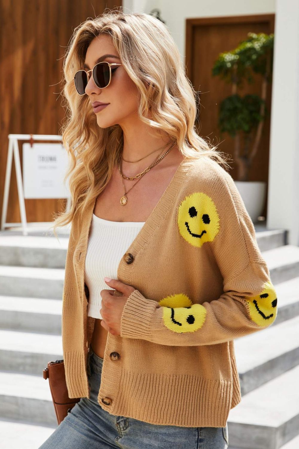 Smiley Face Ribbed Trim V-Neck Cardigan - SHIRLYN.CO