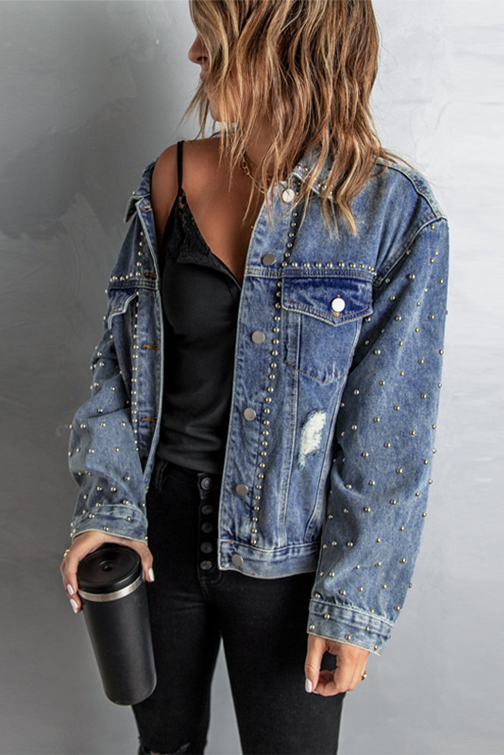 Studded Button Down Denim Jacket - SHIRLYN.CO