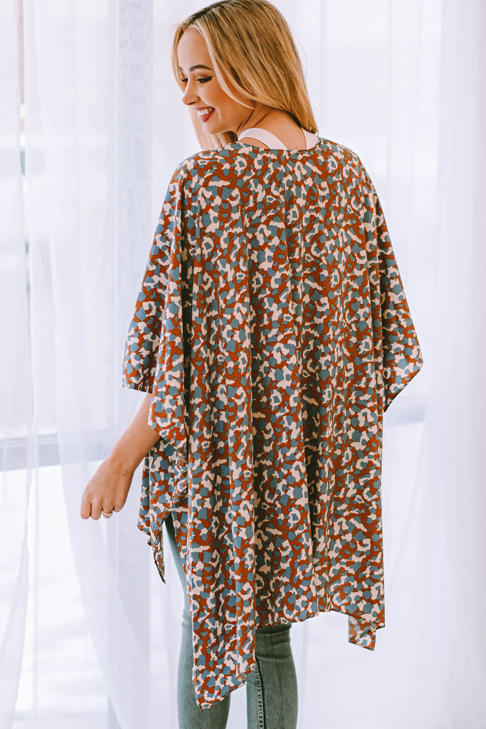 Printed Open Front Three-Quarter Sleeve Cover Up - SHIRLYN.CO