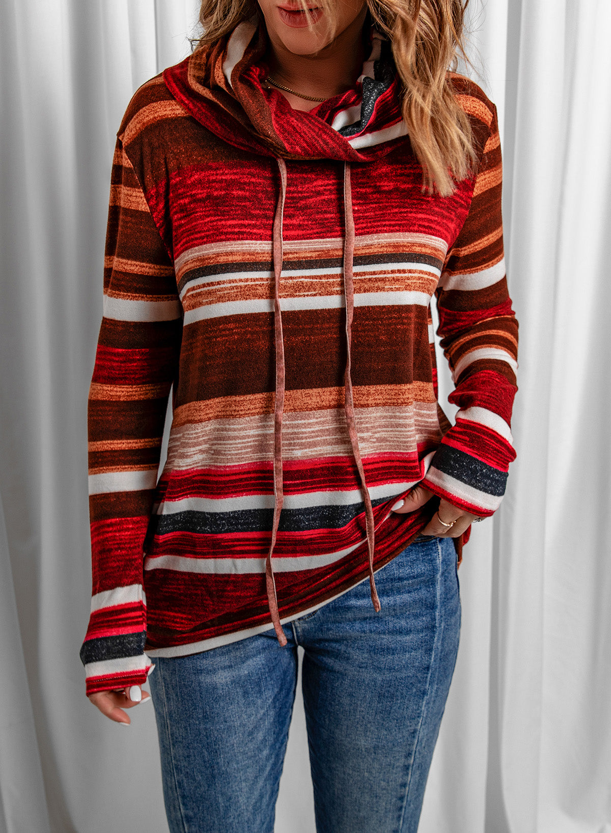 Striped Cowl Neck Tunic Sweatshirt - SHIRLYN.CO