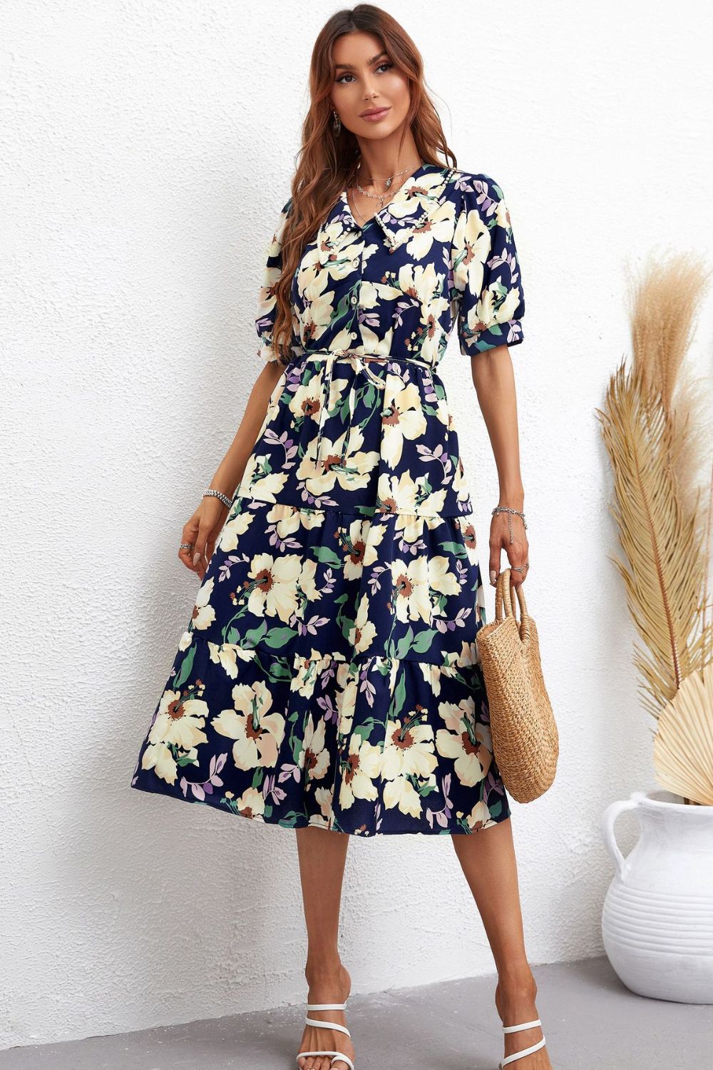 Floral Collared Neck Tiered Midi Dress - SHIRLYN.CO