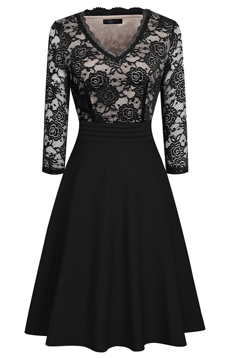 Editor's Choice: Shirlyn's Elegance in Lace: V-Neck Knee-Length Dress with Delicate Details