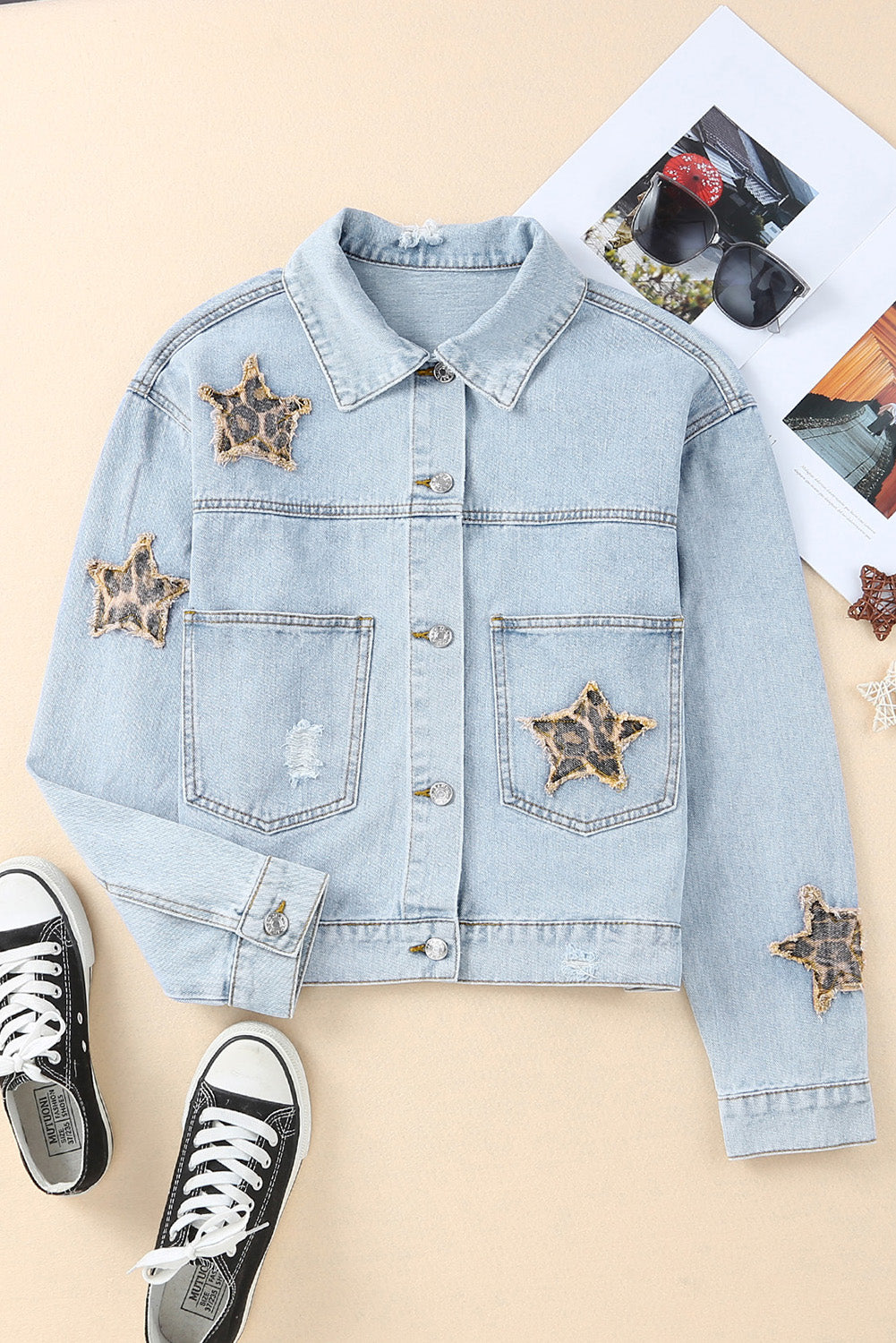 Leopard Star Applique Distressed Denim Jacket - SHIRLYN.CO