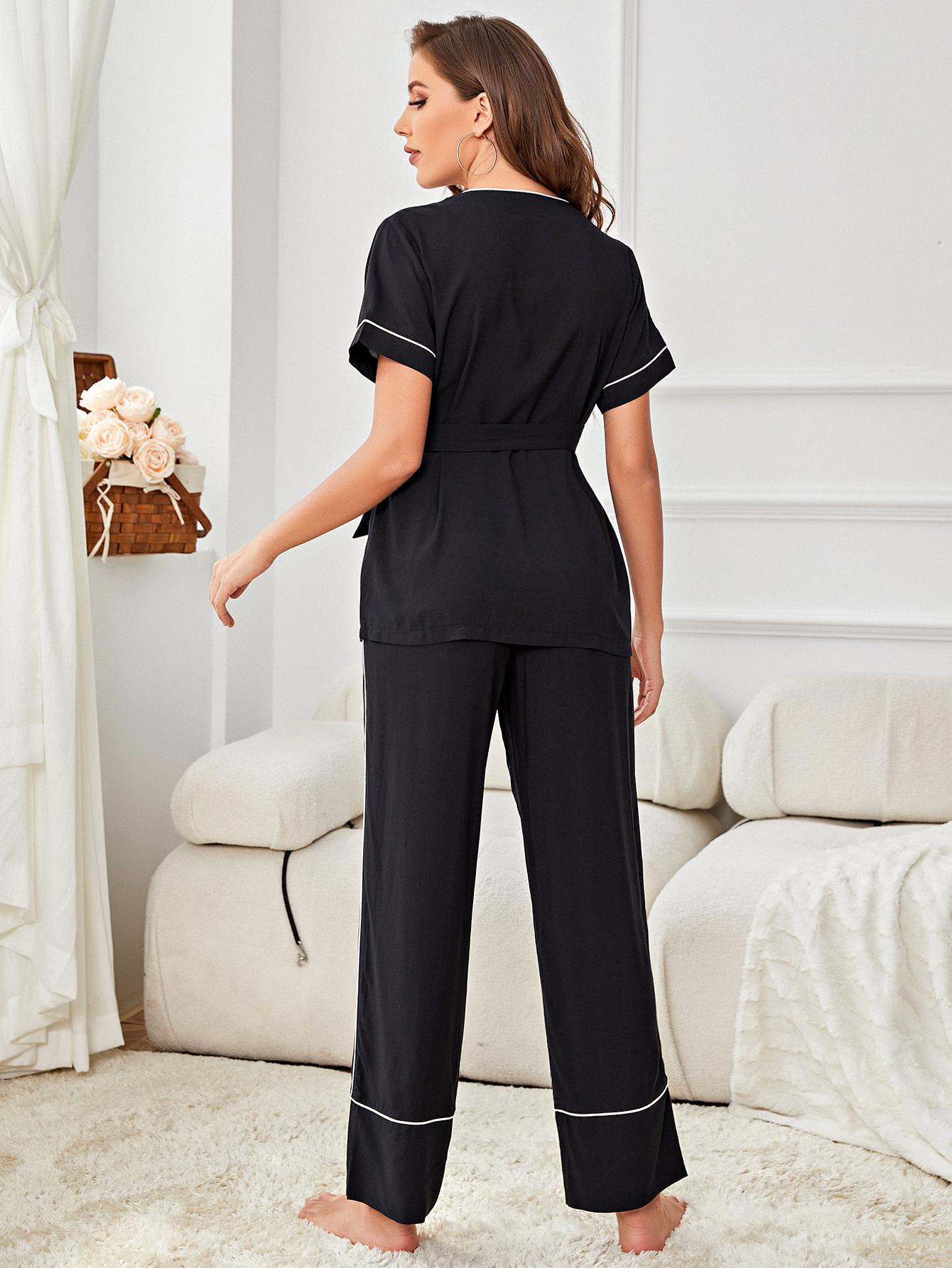 Contrast Piping Belted Top and Pants Pajama Set - SHIRLYN.CO