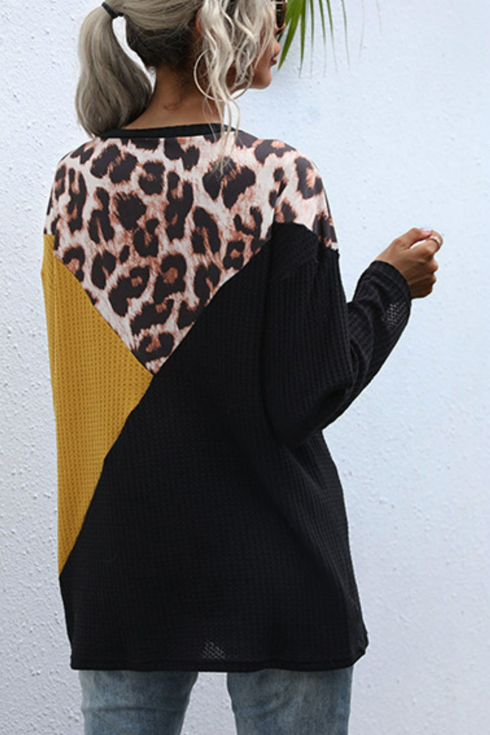 Leopard Color Block Waffle-Knit Top - SHIRLYN.CO