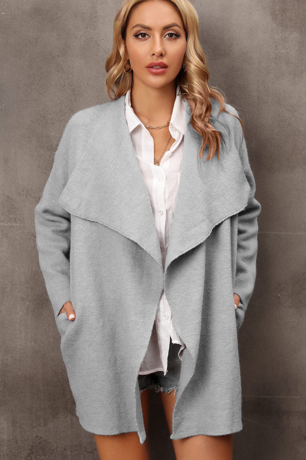 Waterfall Collar Longline Cardigan with Side Pockets - SHIRLYN.CO