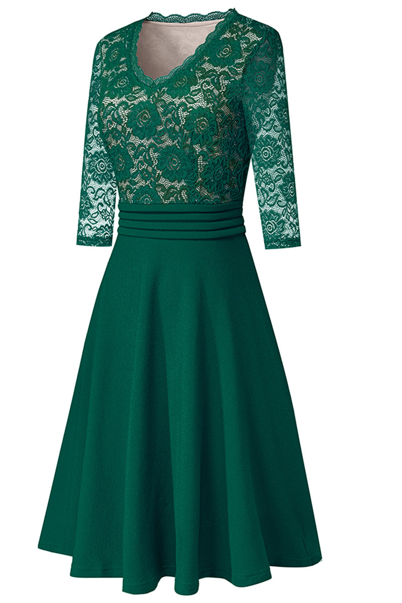 Editor's Choice: Shirlyn's Elegance in Lace: V-Neck Knee-Length Dress with Delicate Details