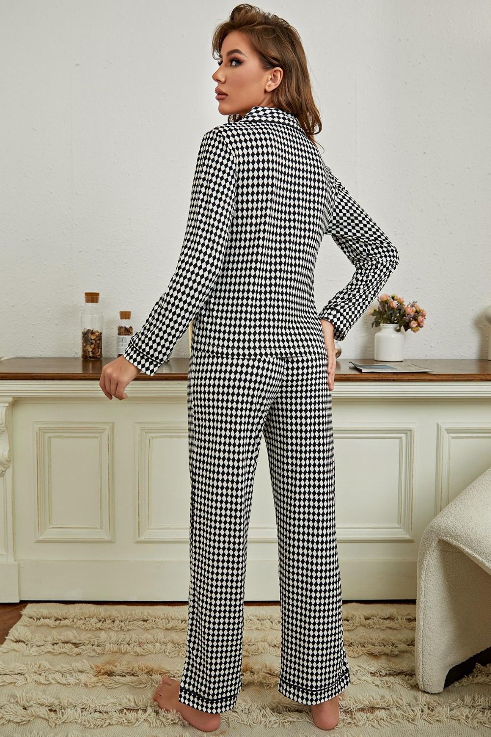 Checkered Button Front Top and Pants Loungewear Set - SHIRLYN.CO