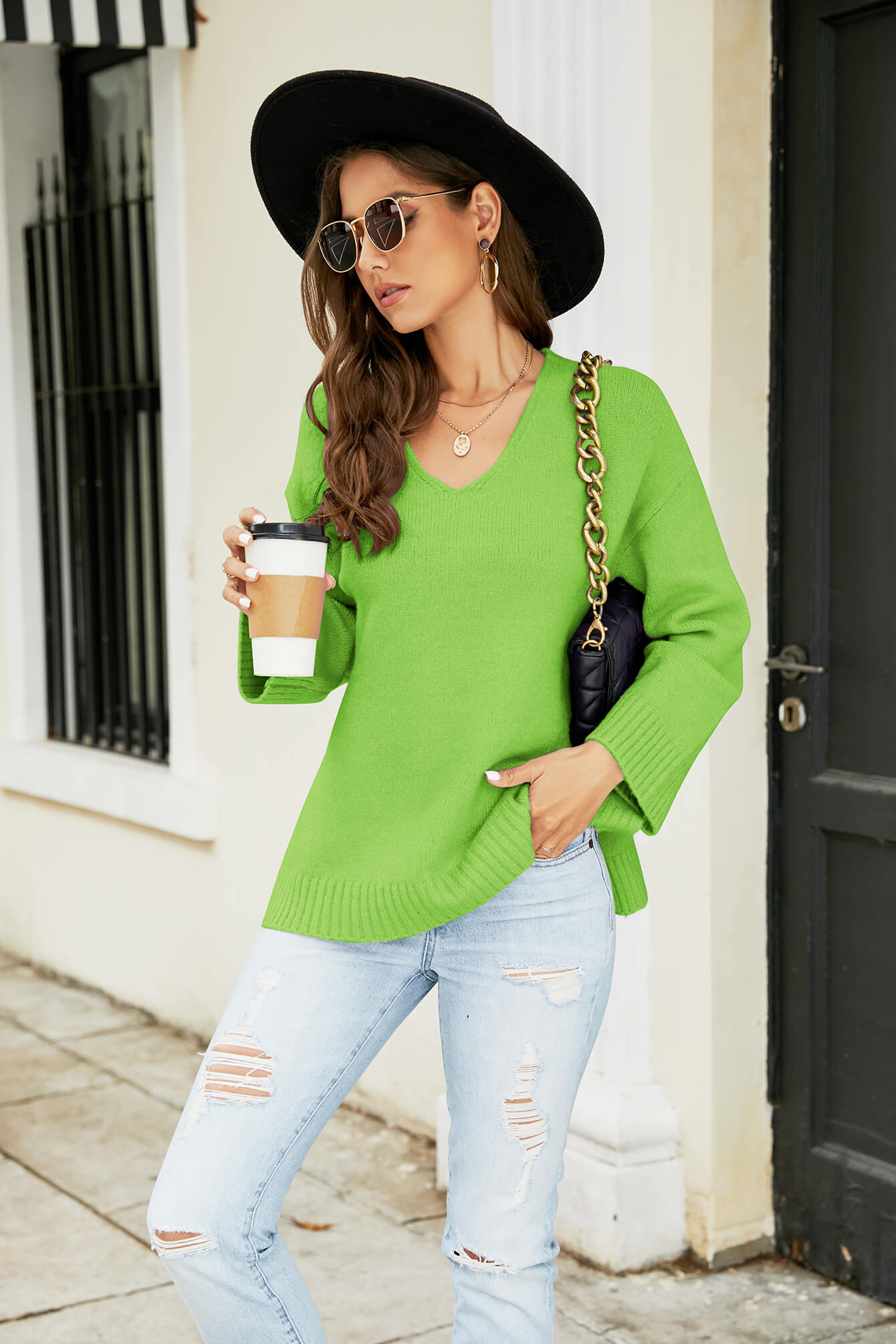 Drop Shoulder V-Neck Knit Pullover