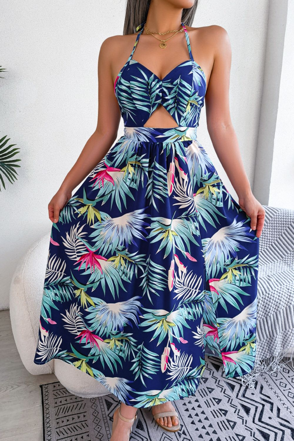 Botanical Print Tied Backless Cutout Slit Dress - SHIRLYN.CO