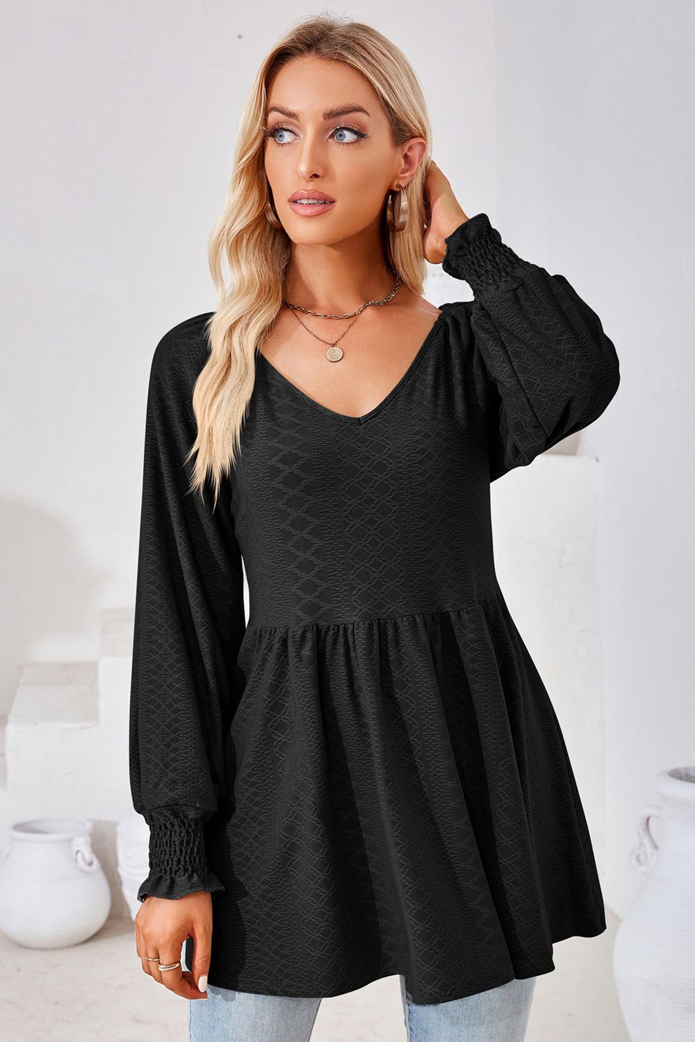 V-Neck Lantern Sleeve Blouse