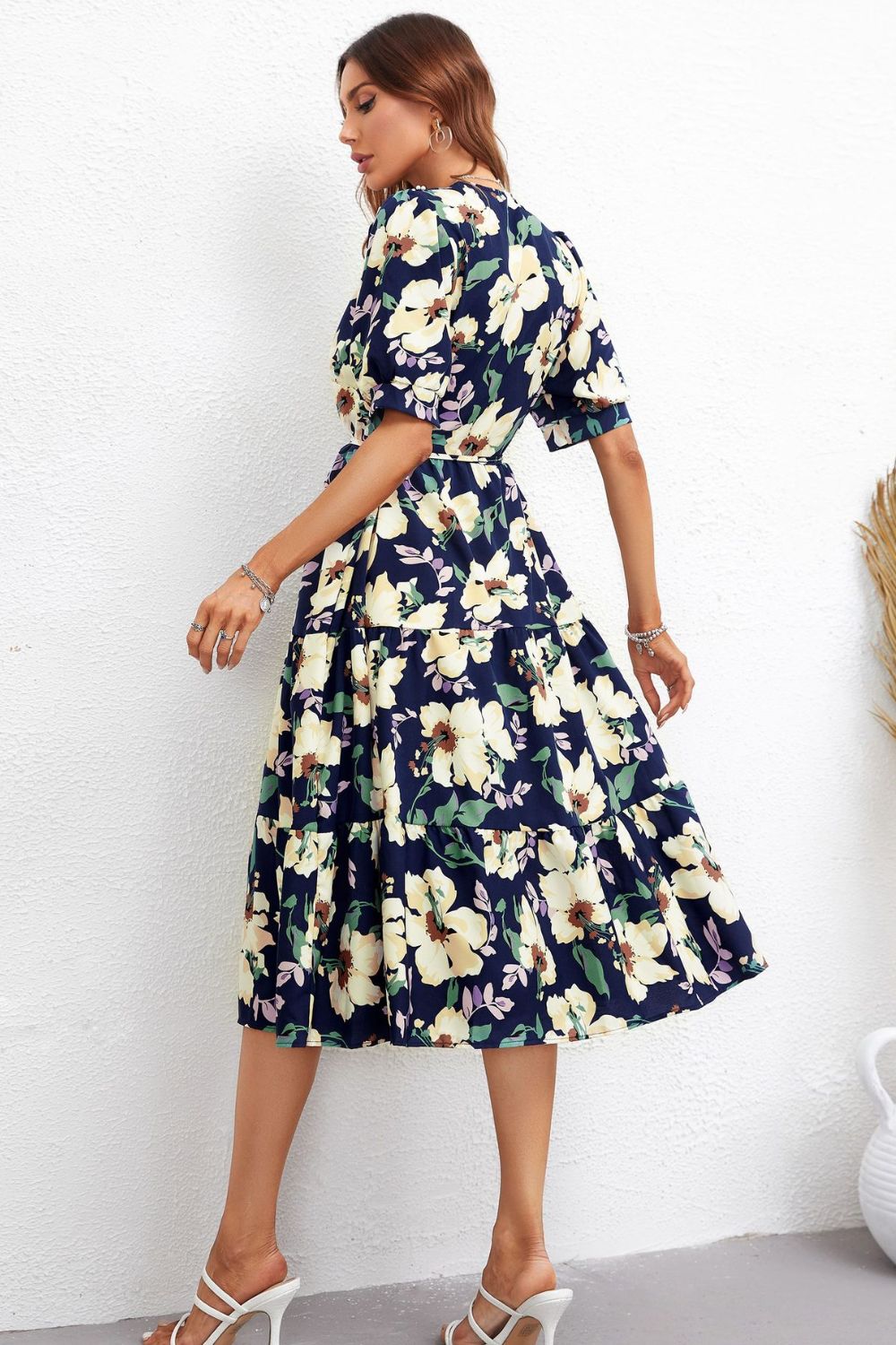 Floral Collared Neck Tiered Midi Dress - SHIRLYN.CO