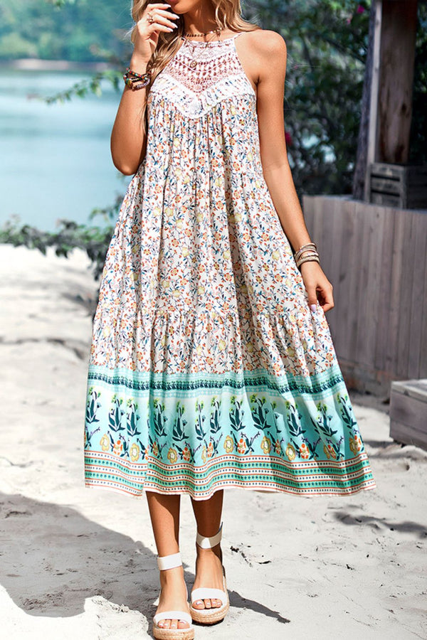 Floral Print Bohemian Style Round Neck Sleeveless Dress - SHIRLYN.CO