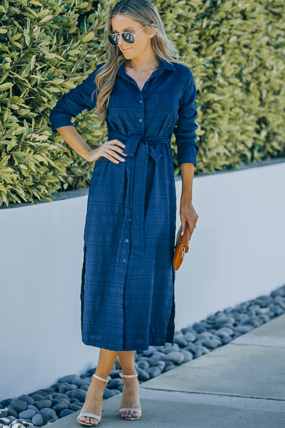 Button Front Textured Slit Shirt Dress with Belt - SHIRLYN.CO