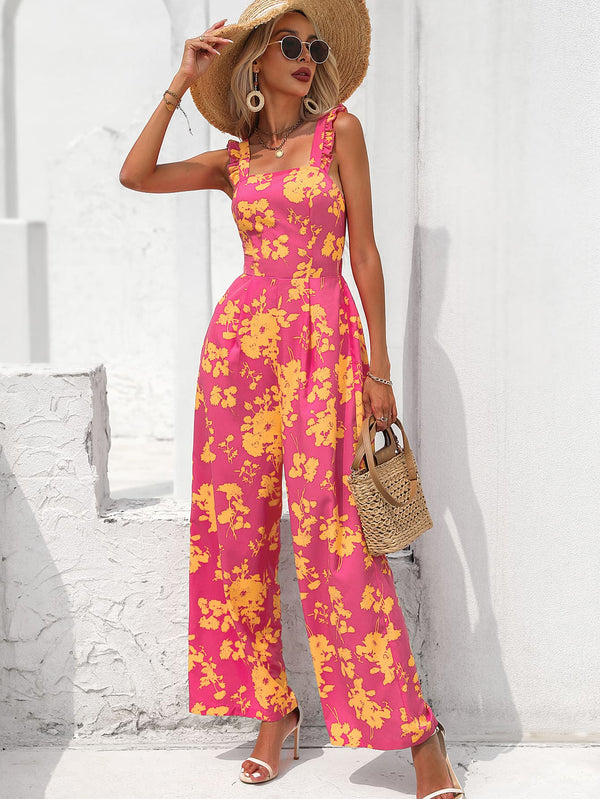 Shirlyn Luxe - Floral Square Neck Cutout Tie Back Jumpsuit - SHIRLYN.CO