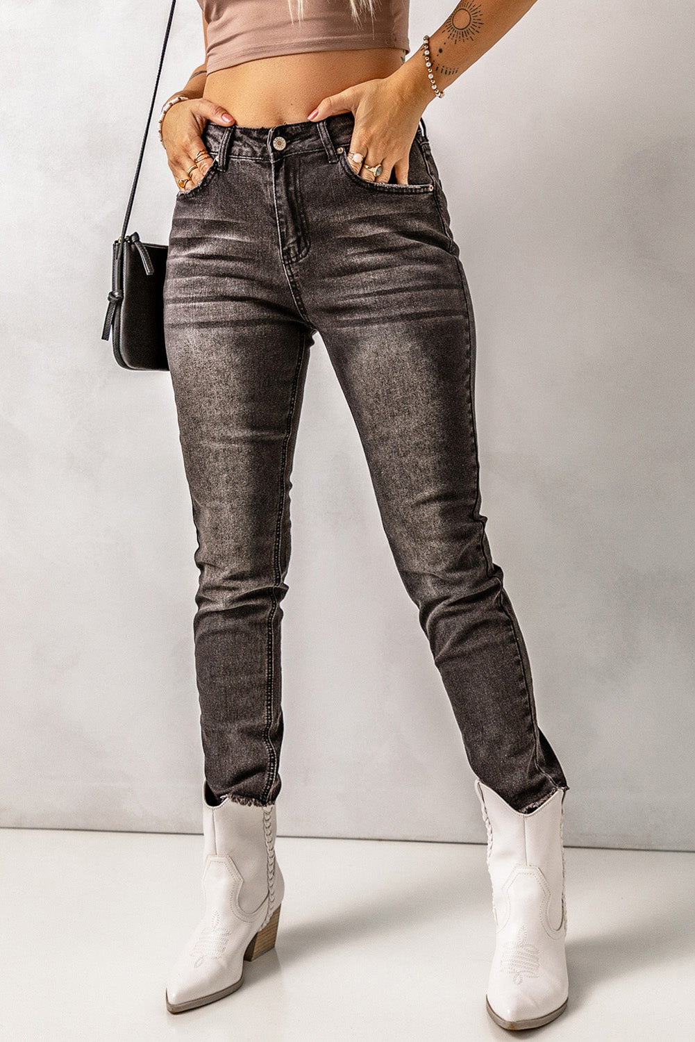 High Waist Raw Hem Skinny Jeans - SHIRLYN.CO